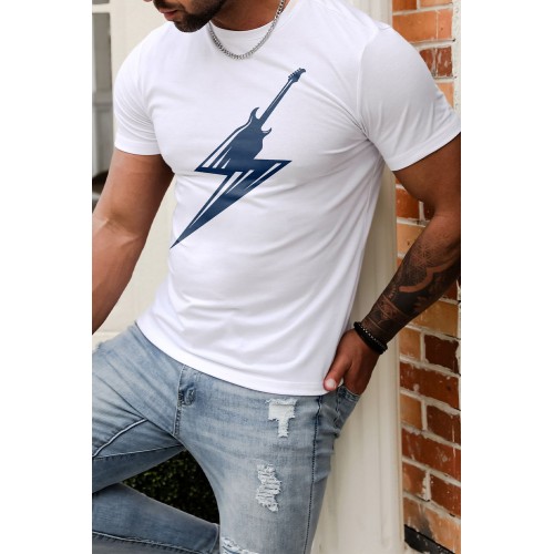 White Guitar Lightning Bolt Print Men's Graphic T-shirt White Guitar Lightning Bolt Print Men's Graphic T-shirt