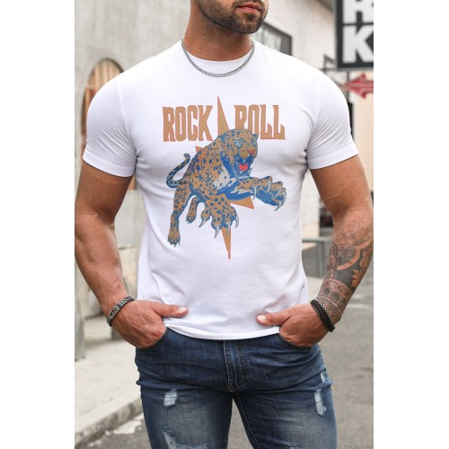 White ROCK ROLL Leopard Print Slim-fit Men's T-shirt White ROCK ROLL Leopard Print Slim-fit Men's T-shirt