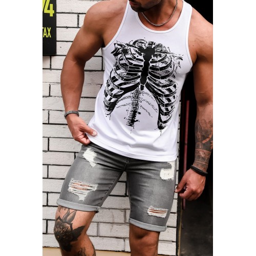 White Skeleton Print Round Neck Men's Tank Top White Skeleton Print Round Neck Men's Tank Top