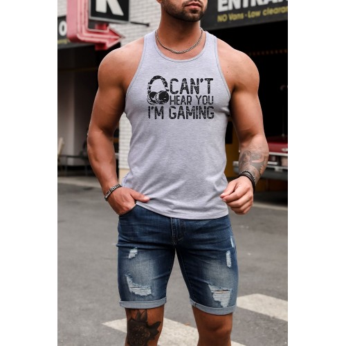 Gray Headphone Letter Print O-neck Men's Graphic Tank Top Gray Headphone Letter Print O-neck Men's Graphic Tank Top